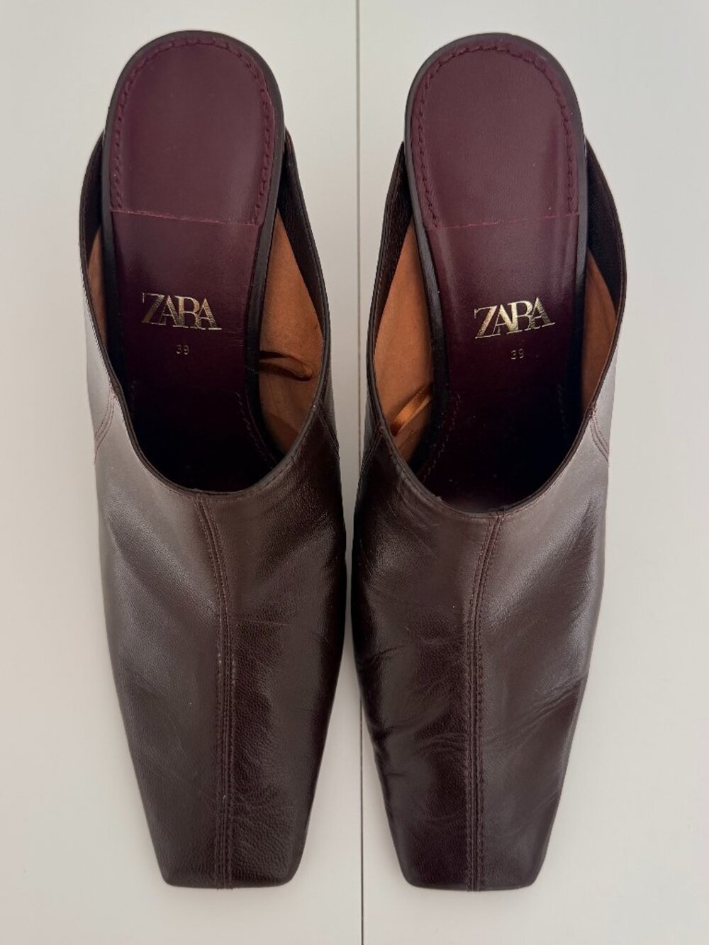 Zara Square Toe Leather Heeled Mules Burgundy Sz 8 EU 39 Academia Workwear